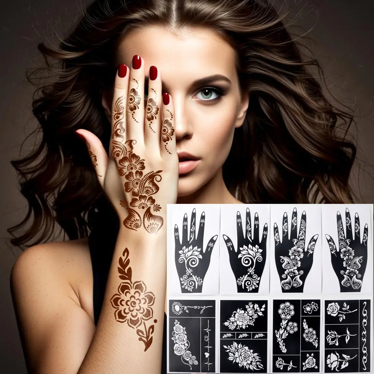 8-Piece Large Floral Designs Cut-Out Henna Art Tattoo Stencils Set, Women Hand Finger Face Body Paint, Glitter Spray Juice Paste, Size 20x10.5cm/17x11cm