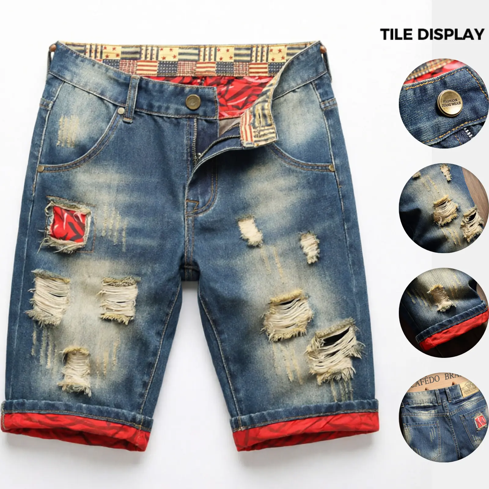 Bleached distressed denim mid-rise shorts with no stretch, multiple rips, raw hem, red-edge print lining—trendy five-inch inseam