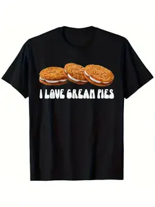 Men's Funny I Love Cream Pies Graphic T-Shirt - Soft Casual Black Tee with Double-Needle Stitched Edges & Neckline, Cream Pie Dessert Design for Themed Parties, Casual Attire & Dessert Lovers -.jpgSame style for men and women  summer short