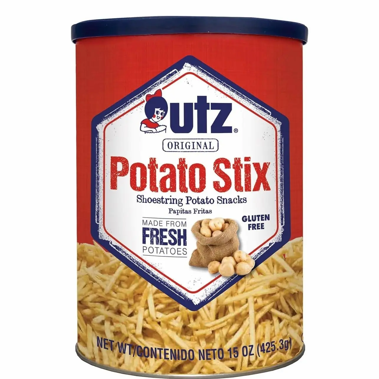 Utz Potato Stix, Original – 15 Oz. Canister – Shoestring Potato Sticks Made from Fresh Potatoes, Crispy, Crunchy Snacks in Resealable Container, Cholesterol Free, Trans-Fat Free, Gluten-Free Snacks
