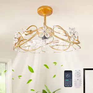 20.5“ Gold Crystal Fandelier Ceiling Fans with Lights, Crystal Diamond Flower Chandelier Ceiling Fan with Remote Control, Modern Caged Fandelier 6 Speeds for Girl's Bedroom, Living Room