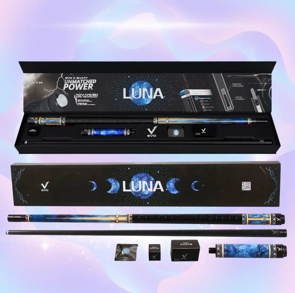 EVO LUNA Sapphire Gate — Maxbing Edition Glassfiber Cue Kit with TIME 3 Tip (12.5 mm, 29 in Shaft, 3/8–10 Ultra‑Stiff Joint, 19–19.5 oz)