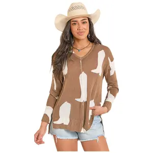 BW32T08118 Rock & Roll Women's Boot Print Long Sleeve Knit Sweater Top - Brown