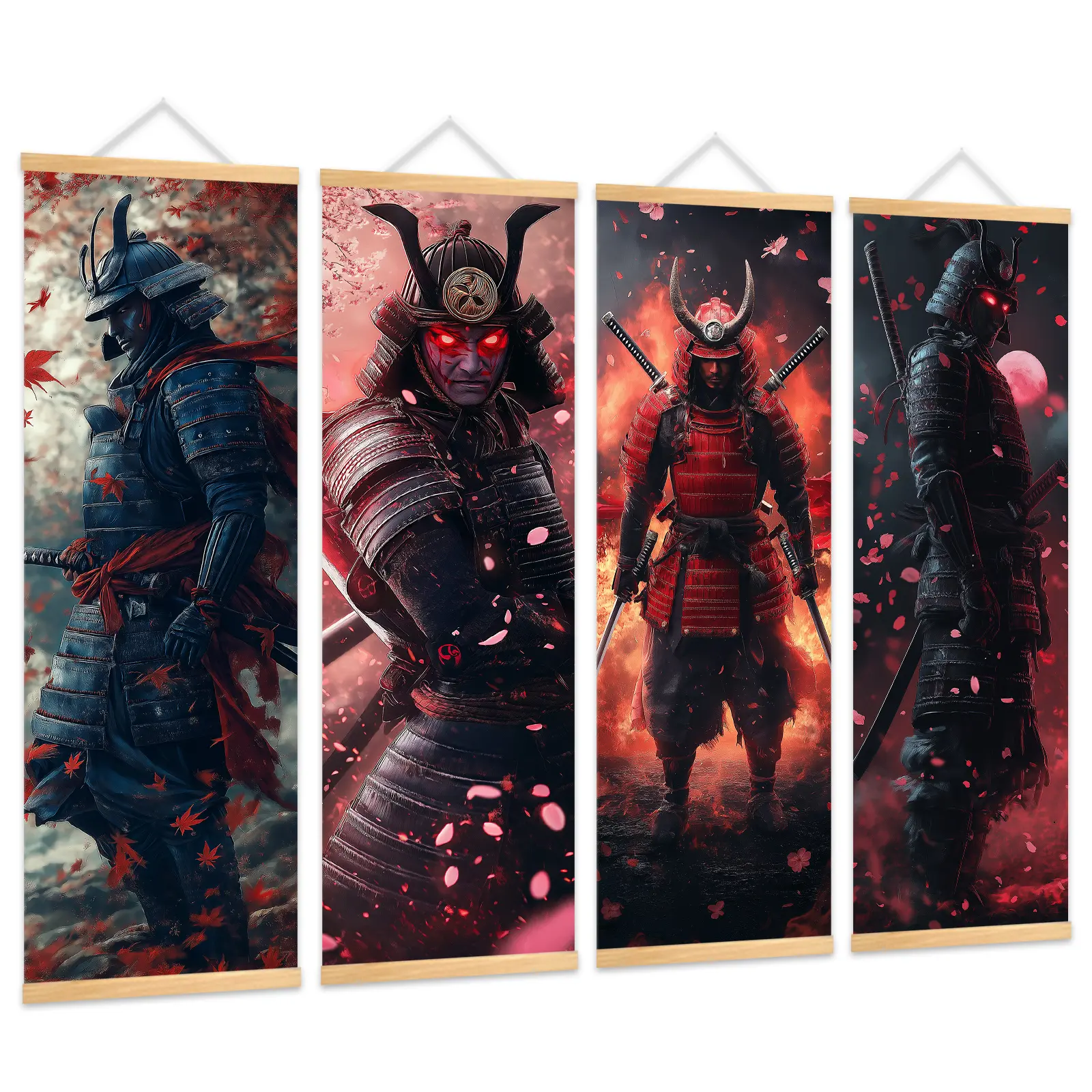 4-Piece Japanese Wall Art, 11.81x35.43in Crimson Samurai Canvas Printing, Red and Black Asian Warrior Wall Decor for Living Room Bedroom Office, Oriental Frameless Wall Art Set