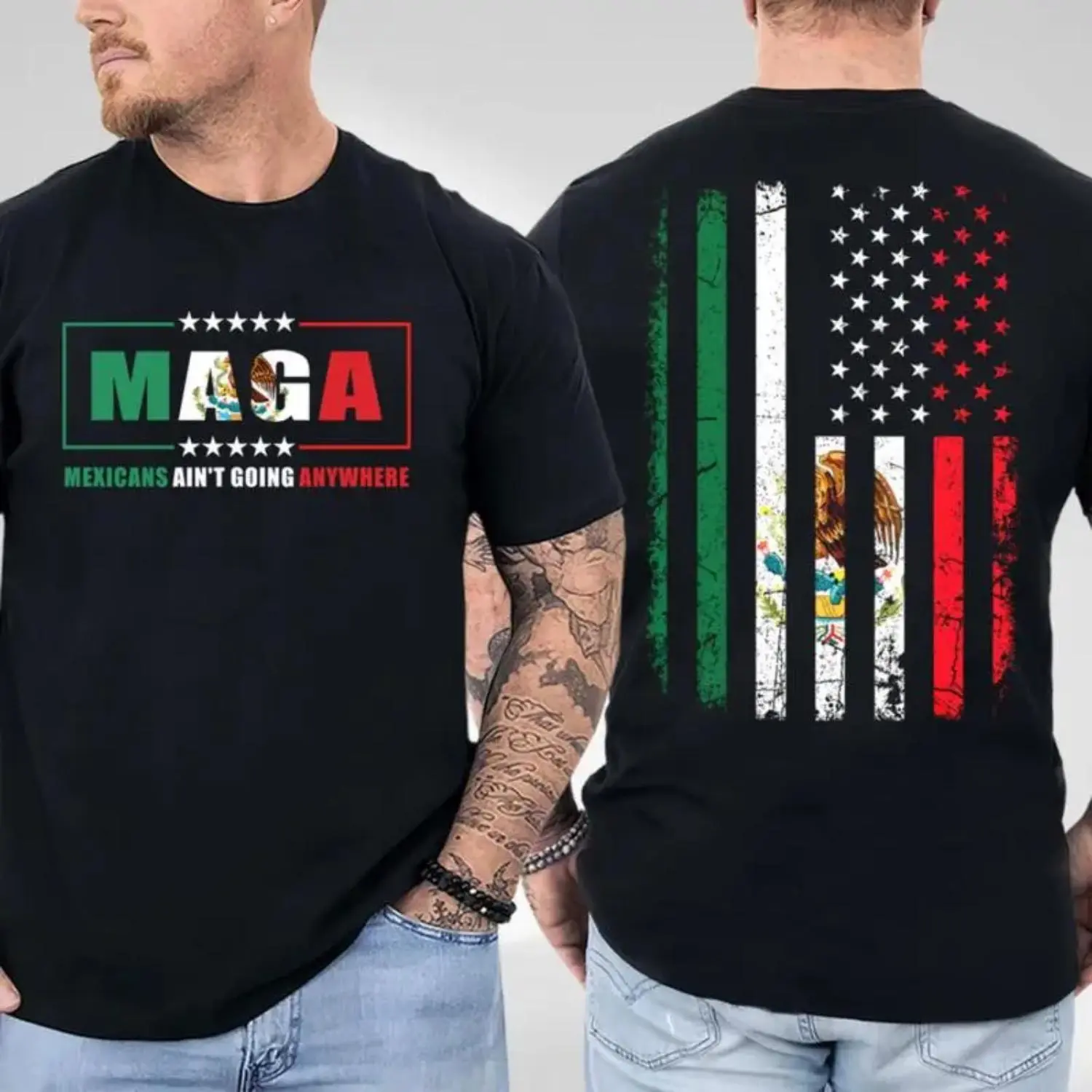 Women's Casual Short-Sleeve Cotton Tshirt - Boho Style, Round Neck, Breathable, All-Season Unisex Top with USA-Mexico Flag Graphics, Mexican Pride & Viva Mexico "MAGA Mexicans Aint Going Anywhere" Graphic
