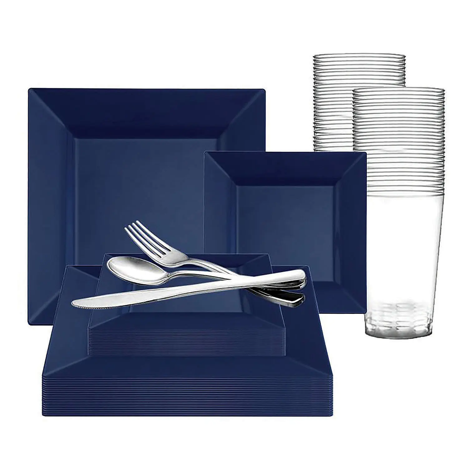 Midnight Blue Square Plastic Dinnerware Value Set (60 Settings)
