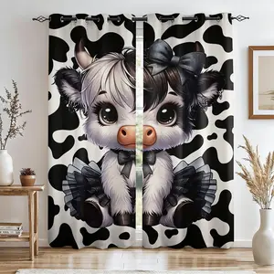 Cute Highland Cow Printed Curtains 2 Panels, Blackout Darkening Curtains, Coquette Bow Cow Print Window Drapes, Aesthetic Decoration Curtains for Kids Bedroom Living Room