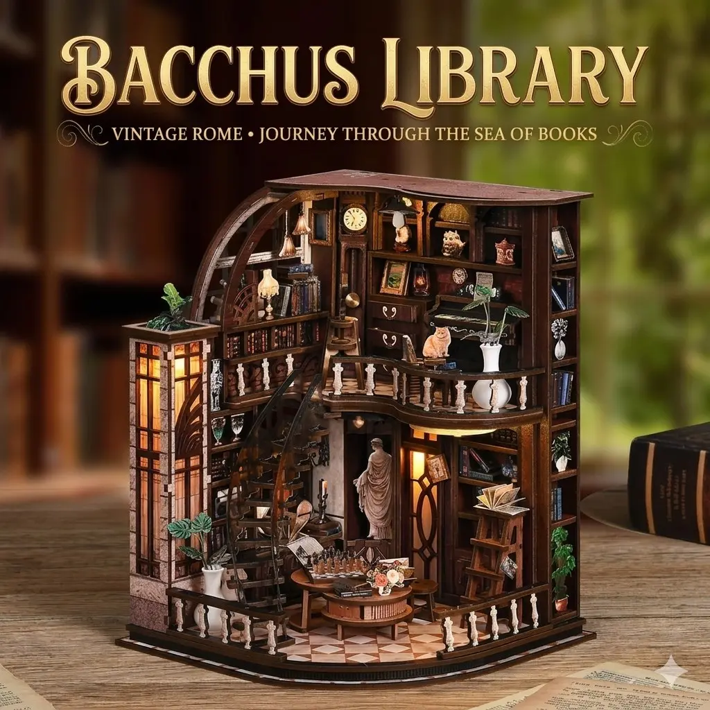 DIY Book Nook Miniature Kit, Vintage Rome Library Bookshelf Insert, Dark Academia Home Decor, 3D Wooden Bookend Diorama, DIY Building Model