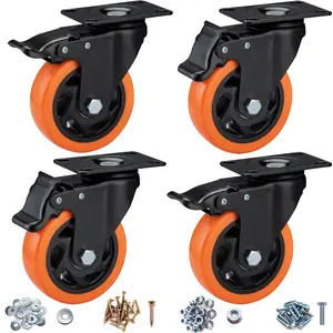 4 Pack Heavy Duty Caster Wheels, Orange Polyurethane Top Plate Swivel Locking Casters with Brake, Industrial Locking Castors for Furniture and Workbench