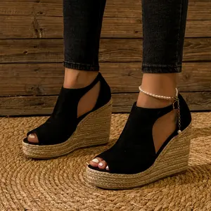 Women'S Elegant Open-Toe Platform Wedge Sandals with Adjustable Ankle Strap - Thick Comfort Sole, Black Fabric Upper & Golden Accents, Ar, Ladies Shoes And Sandals, Formal Footwear, Rhinestone Embellishment, Durable Tpr Sole, Women Shoes