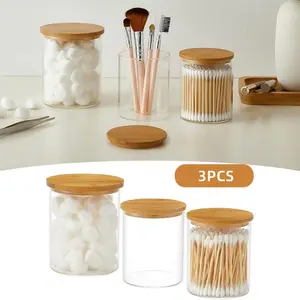 4 Pack Glass Qtip Holder Dispenser, 20 oz and 11 oz Clear Glass Apothecary Jars, Bathroom Vanity Canisters Organizer Jars for Cotton Swabs, Balls, Rounds, Pads, Floss, Bath Salts