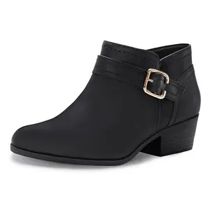 Athlefit Women's Chunky Low Heel Ankle Boots Classic Pointed Toe Side Zipper Booties Comfortable Footwear Buckle Walking Shoes