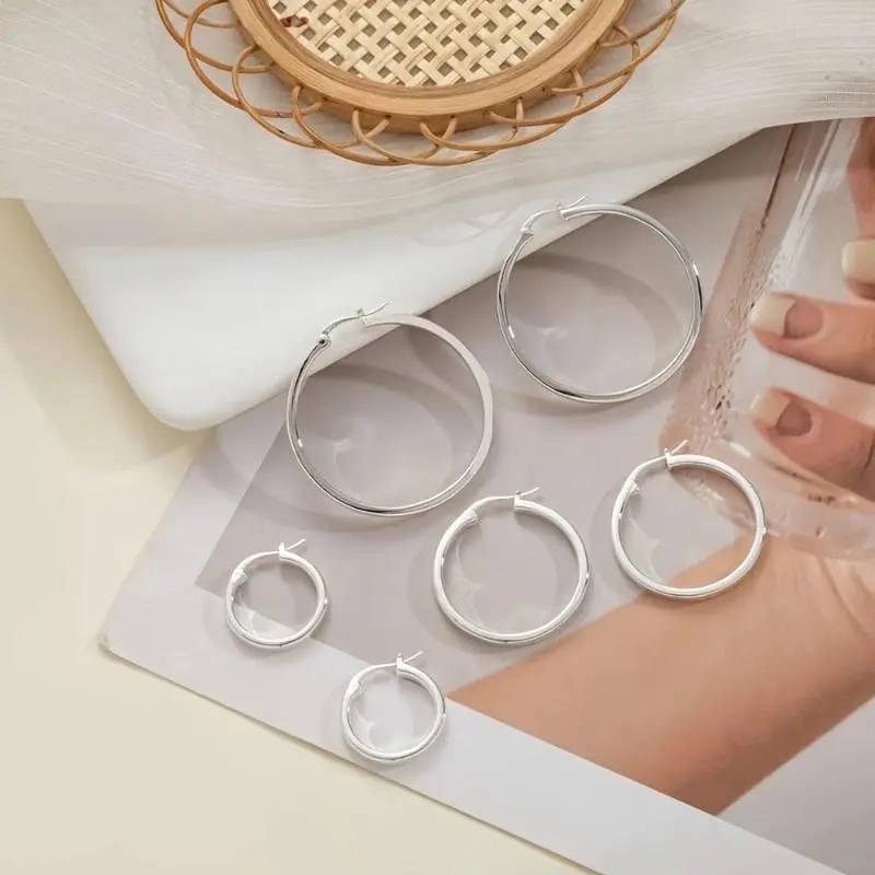 Hypoallergenic 925 Silver 3 Pairs Hoop Earrings Set, 20/30/40mm Flat Click Hoops for Sensitive Ears, Lightweight Funky Accessories for Women Daily Party