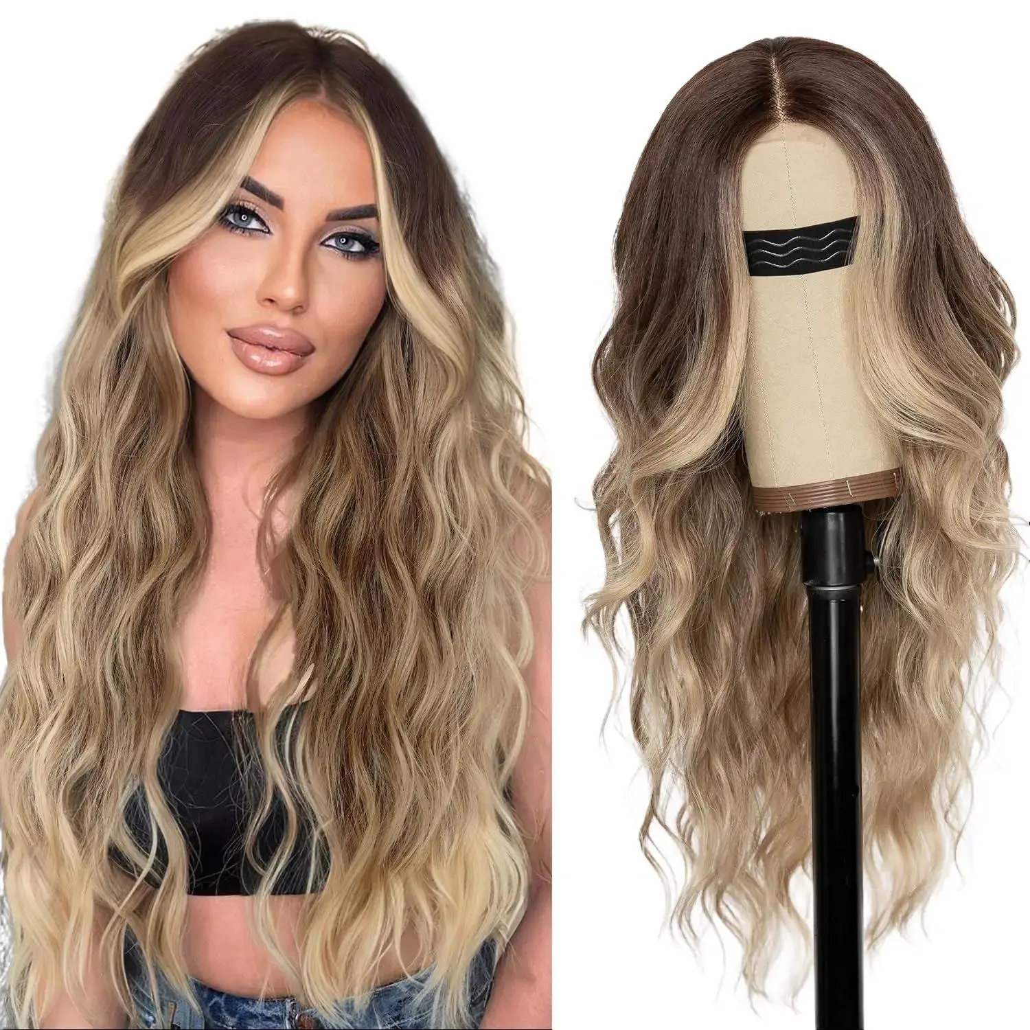 AISI HAIR Long Wavy Hairline, 26 Inch Middle Part, Soft and Durable Design,Synthetic Heat Resistant Wig for Women Glueless Wig Lace Closure Wig,summerhairstyles Wavy Mix Blonde