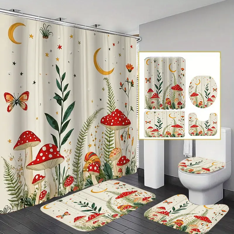 2D Flat, 2D Flat 4pcs Mushroom Village Printed Shower Curtain Set, Decorative Bathroom Set Including Shower Curtain, Non-slip Floor Mat, Toilet Cover, Bathroom Mat and 12 Plastic Hooks, Bathroom Accessories, Home Decoration, 2D Flat