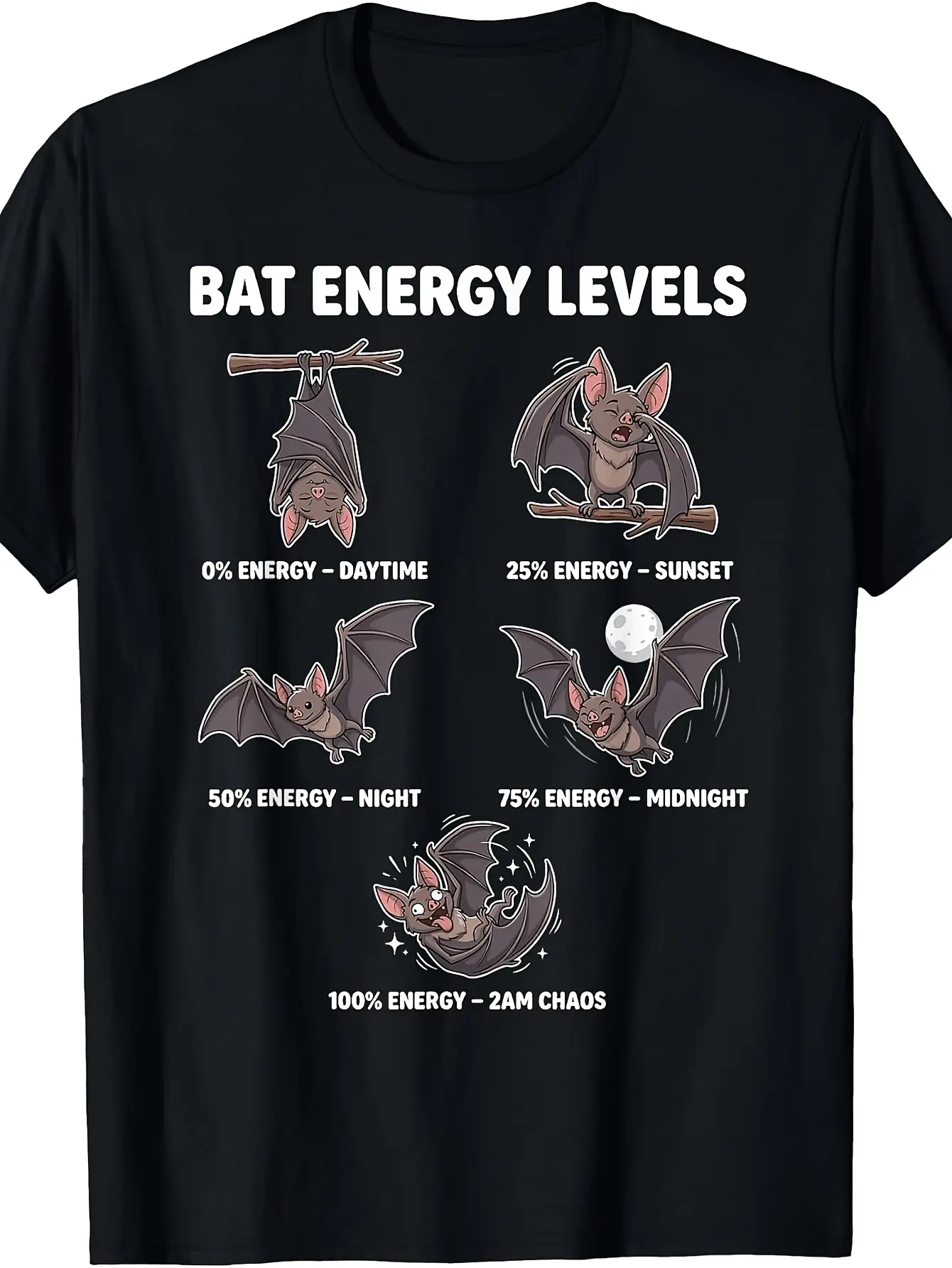 Retro Bat Energy Levels T-Shirt - Funny Bat Lover unisex soft cotton short sleeve t shirt, vintage graphic casual tee for men women teens, perfect birthday holiday gift for camping travel gym daily street  wear