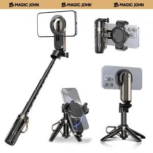 MAGIC JOHN 4-in-1 Multifunctional Magnetic Selfie Stick – 360° Rotation, Compact & Stylish, With wireless Bluetooth control, Magnetic Phone Holder for Selfies/Video Recording/Vlogging, Compatible with Most Phone Modes