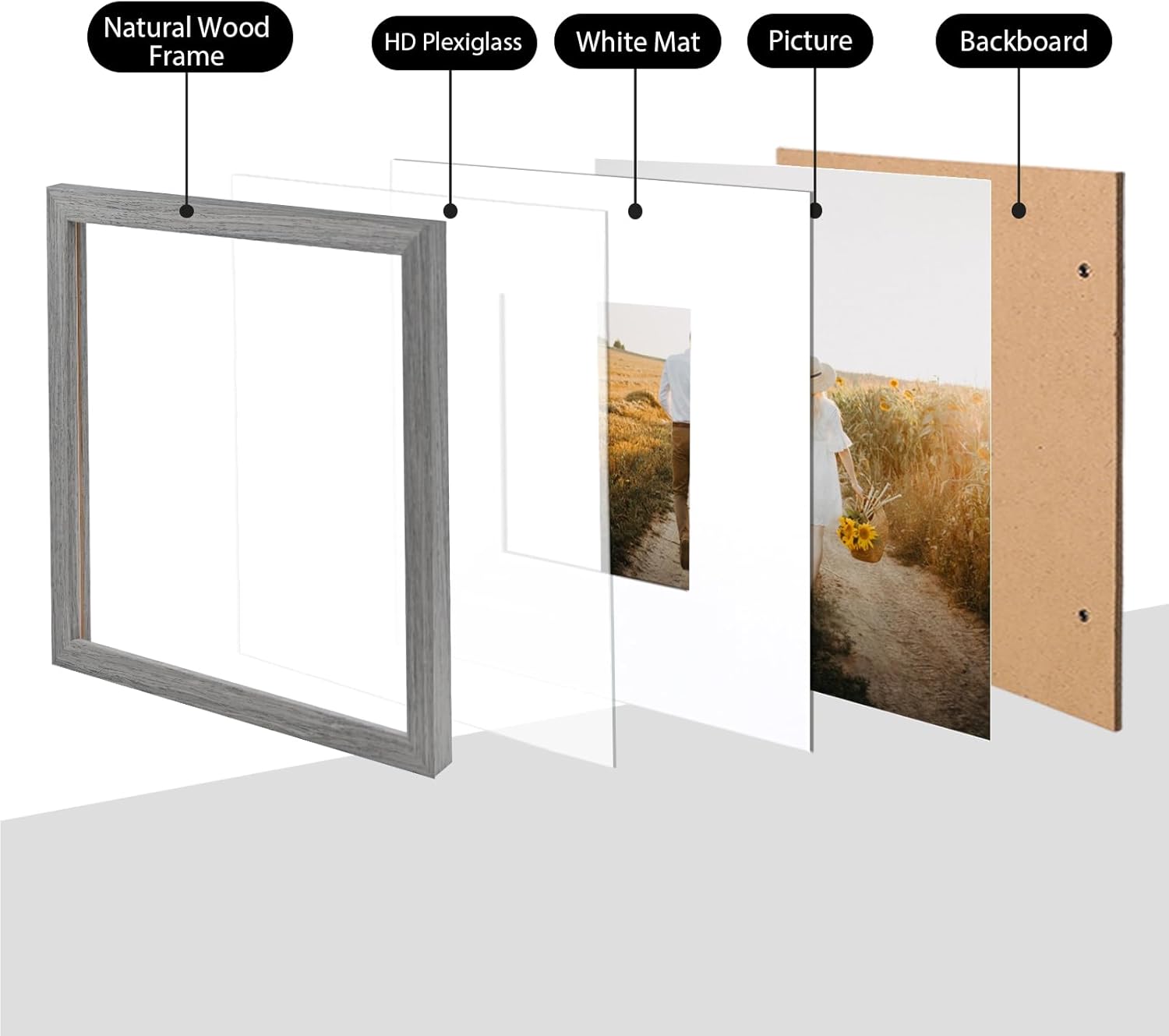 Grey Solid Wood 12x12 Picture Frames for 8x8 & 12x12, Wall Display Photo Frames - 4 Pack