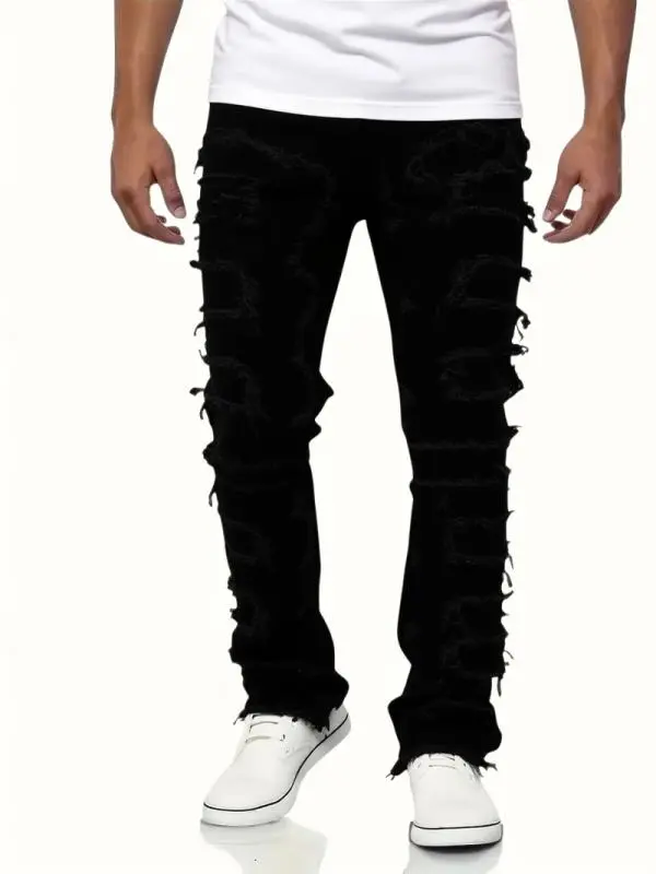 Viral All Black Extreme Distressed Ripped Jeans Fringe for Men Torn Heavy Destroyed Denim Pants Streetwear Trending