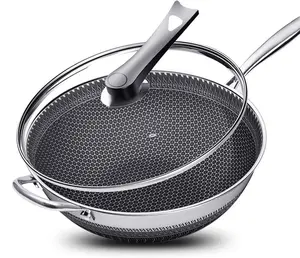 13.39-Inch Stainless Steel Non-Stick Wok with Lid, Honeycomb Design, Home Cooking Pan, Suitable for Induction Cookers, Electric Ceramic Stoves, and Kitchen Use Cookware