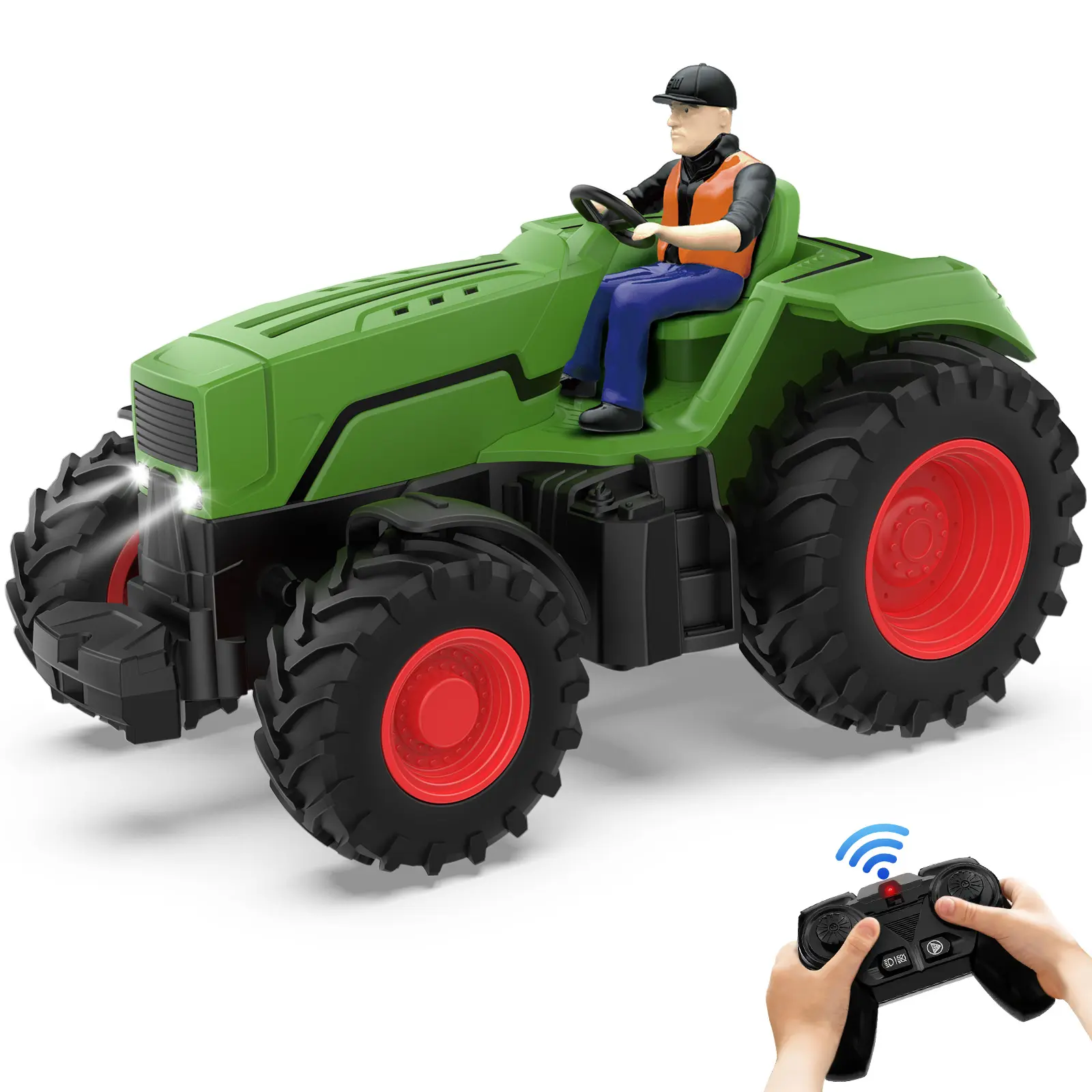 RC Farm Tractor Toy, Remote Control Tractor, 1/24 Scale 4-Channel Farm Vehicle with 2.4GHz Remote, Rechargeable Battery, LED Lights, One-Key Demo & Farmer Figure, Birthday Christmas Gift for Kids Ages 3+
