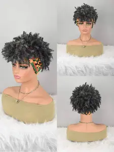 Short Bob Synthetic Wig, Curly and Wig with Fringe, Wrap-Around Dual-Purpose Headscarf, Braided High Bun Wig, Hairband Included, Curly Bob Wigs