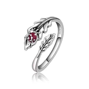 CHIC & ARTSY 925 Sterling Silver Ladybug and Leaf Spoon Ring – Adjustable Open Finger Ring, Nature-Inspired Jewelry for Women