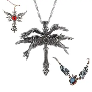 Vintage Distressed Heart Crown Wings Necklace with Red Evil Eye Pendant Retro Six-Wing Angel Cross Bold Unisex Statement Jewelry Handmade Fashion Accessory