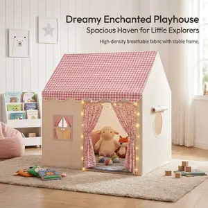 Children's play tent, checkered indoor play tent, Indoor Playhouse, with roll-up blinds and a spacious interior, made of safe and breathable fabric, creating a comfortable private playground for toddlers' bedrooms and playrooms.