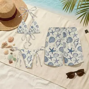 Seashell Starfish Print Couples Matching Swimsuit Set Women Triangle Bikini Men Board Shorts Nautical Ocean Beach Vacation Summer Coastal Outfit