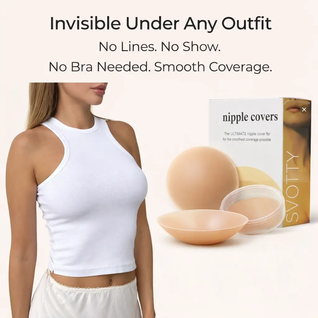 Svotty Reusable Silicone Nipple Covers for Women, Adhesive Seamless Invisible Pasties, Thin Breathable Comfortable Bra Alternative for Dresses, Lingerie, Evening Wear, Push Up Effect, Size D Caramel