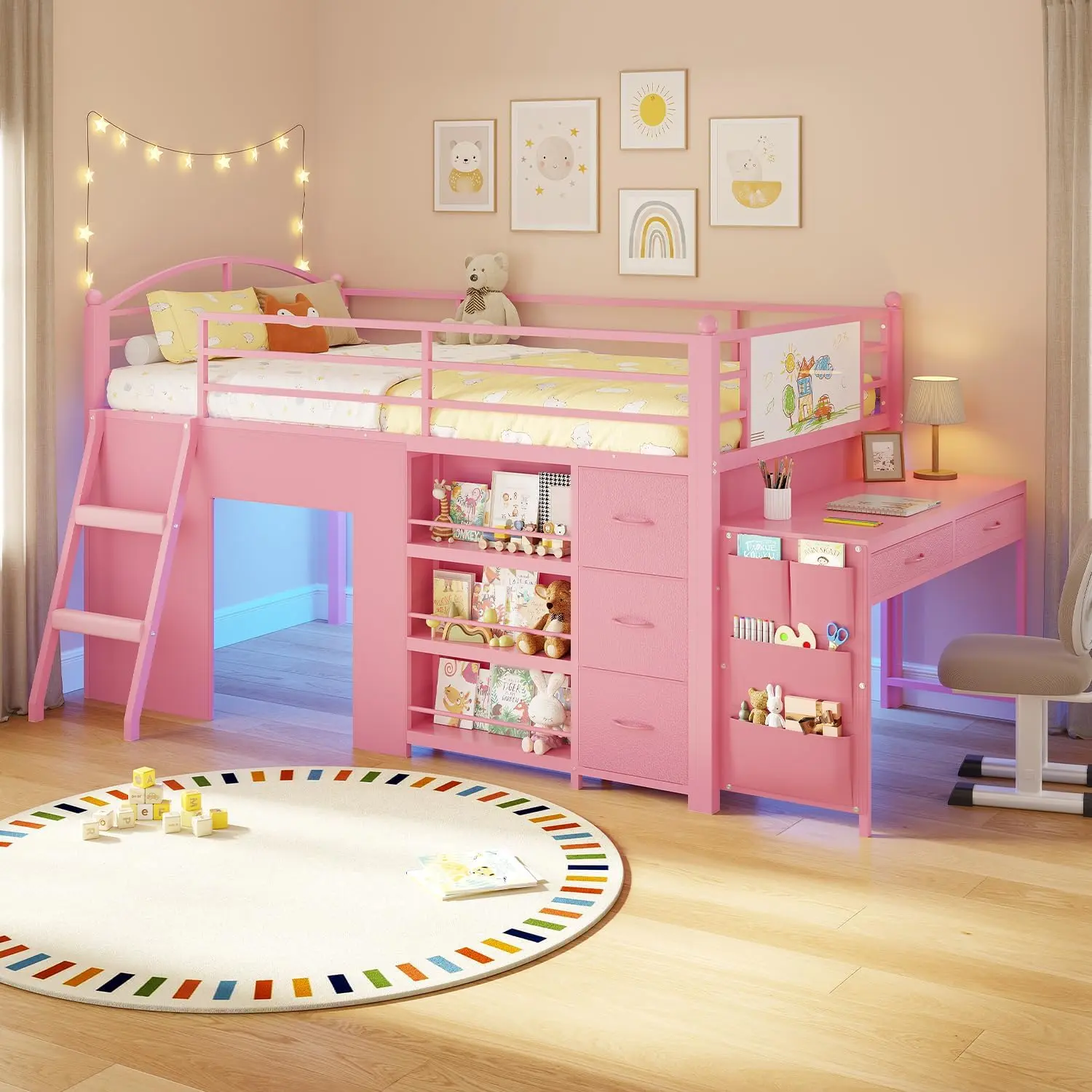 ADORNEVE Low Loft Bed with Desk and 5 Storage Drawers Twin Loft Bed with Bookshelf and Blackboard Kids LED Loft Beds with Safety Guardrail and Inclined Ladder Under-Bed Play Space,dorm essentials,home decor