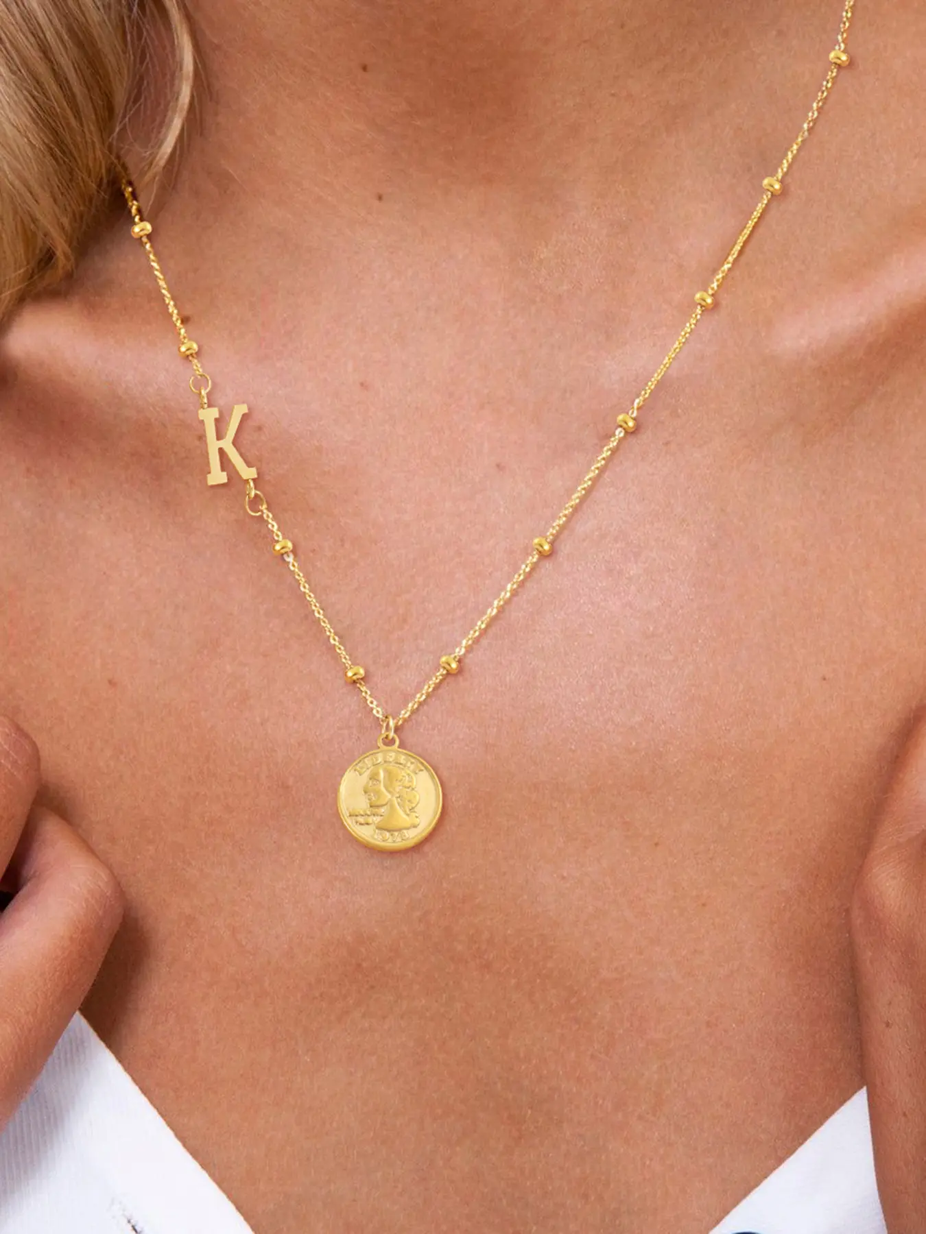 1Pcs Initial Coin Pendant Women Necklace Fashion Golden Stainless Steel Bead Chain Necklaces For Women