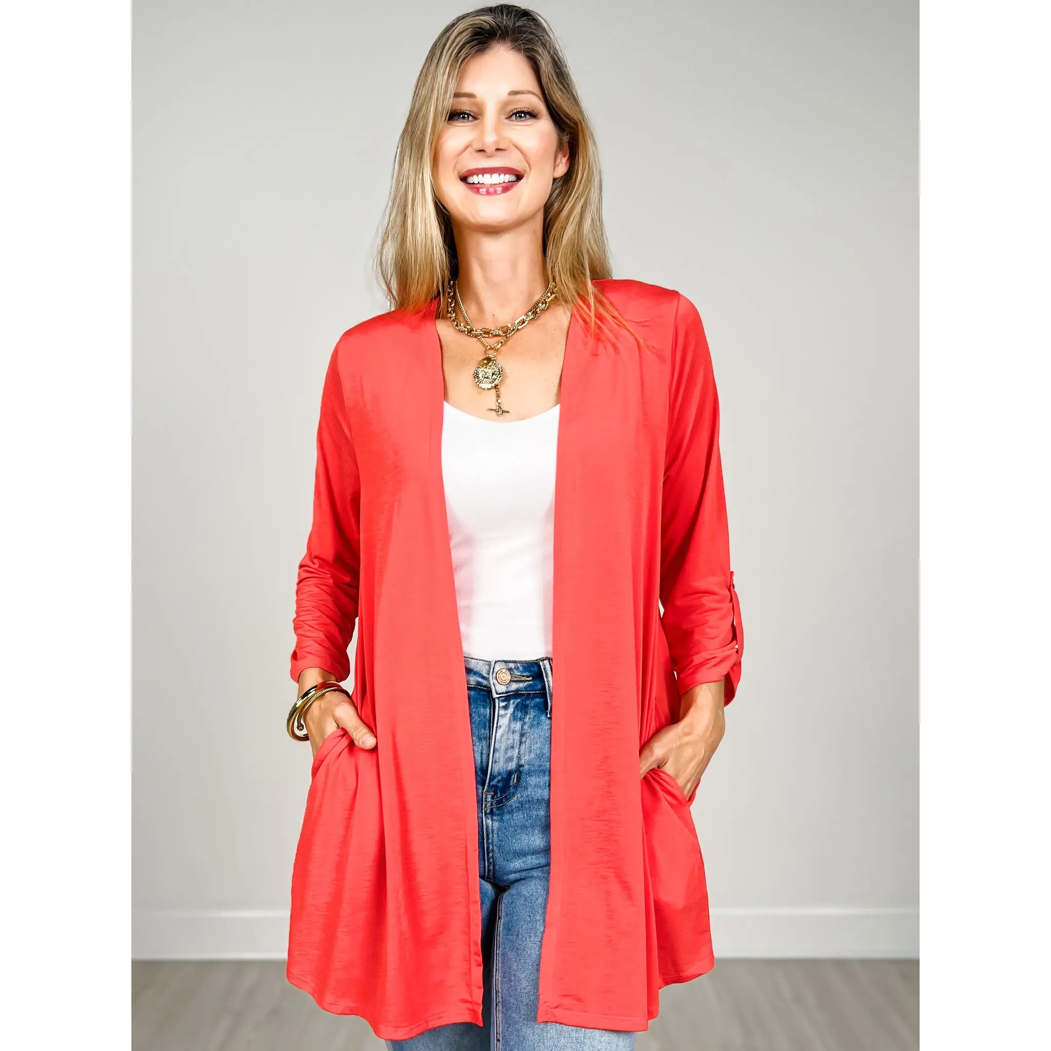 3/4 Sleeve Open Front Lightweight Cardigan in Hot Coral