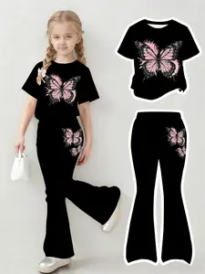 Girls' Butterfly Print Short Sleeve Top & Bell Bottoms Set, Breathable Skin-Friendly Casual, Fashion Style Sets