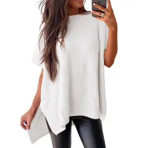 Women's Summer Oversized Short Sleeve Ribbed Knit Tunic Top Casual Crewneck Slouchy Pullover Sweater S-5XL with Side Slits
