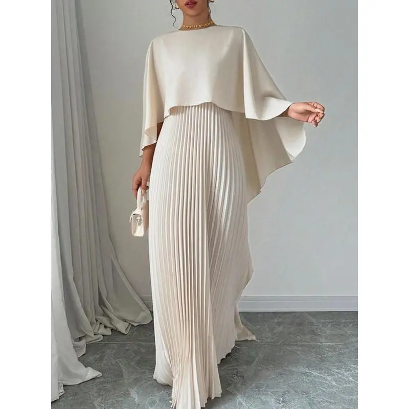 Women's Plain Pleated Cloak Sleeve Maxi Dress Round Neck for Party Holiday Wedding Guest Ladies Spring Fall Clothes Valentine's Day Gift