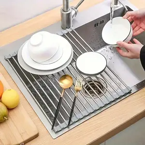 Luxury Stainless Steel Roll-Up Drain Rack, Space-Saving Kitchen Design, Multi-Functional Drying Rack, Portable, Rust-Resistant, Compact Tool