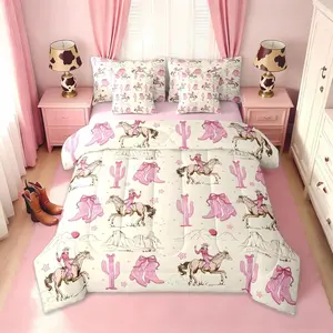 Feelyou 7Pcs Retro Western Horse Bed Comforter Set, Pink Cowgirl Boots & Bows Bedding Set with Sheets, Rustic Country Cactus Design for Girls