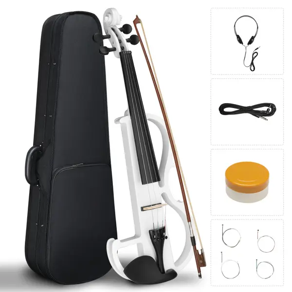 Silent Electric Violin for Beginners - Solid Maple & Spruce, Ebony Fittings, Carbon Fiber Tailpiece, Full Size 4/4 (White)Full Size 4/4 Bunnel Edge Electric Silent Violin with Case Bow Rosin Headphone Connecting Line White