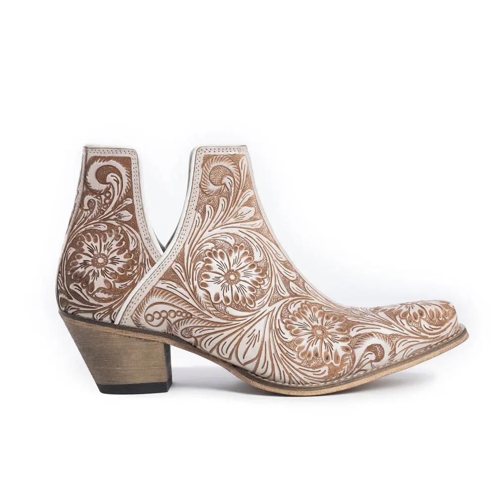 Women's Western Hand-Tooled Leather Booties in Ivory, Stylish Ankle Boot with Side Slit and Snip Toe, Classic, Footwear, Rubber, Western Elegance, Genuine Leather, Hand-Tooling