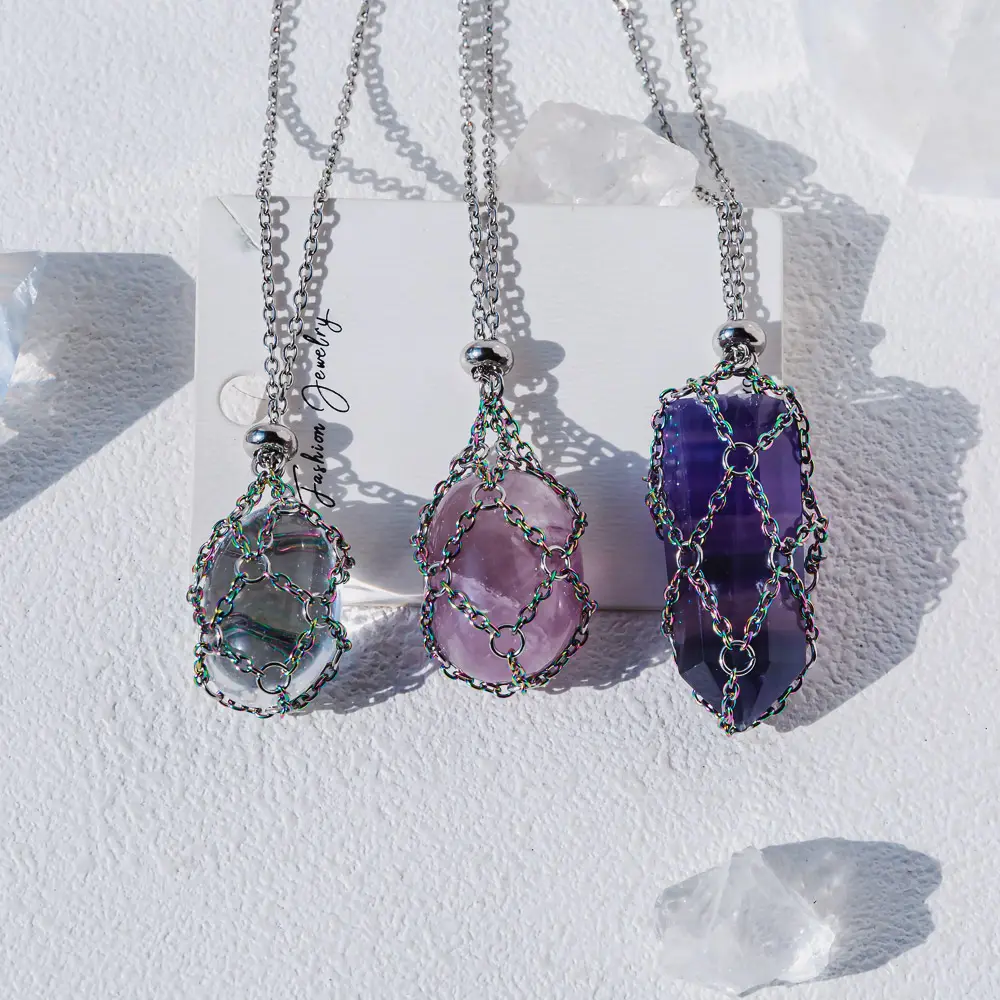 Aura O Mesh Natural Crystal Adjustable Necklace - Point/Tumbled, Lapis Lazuli, Buckle Closure, 25-40g Weight, 270mm-350mm Adjustable Length