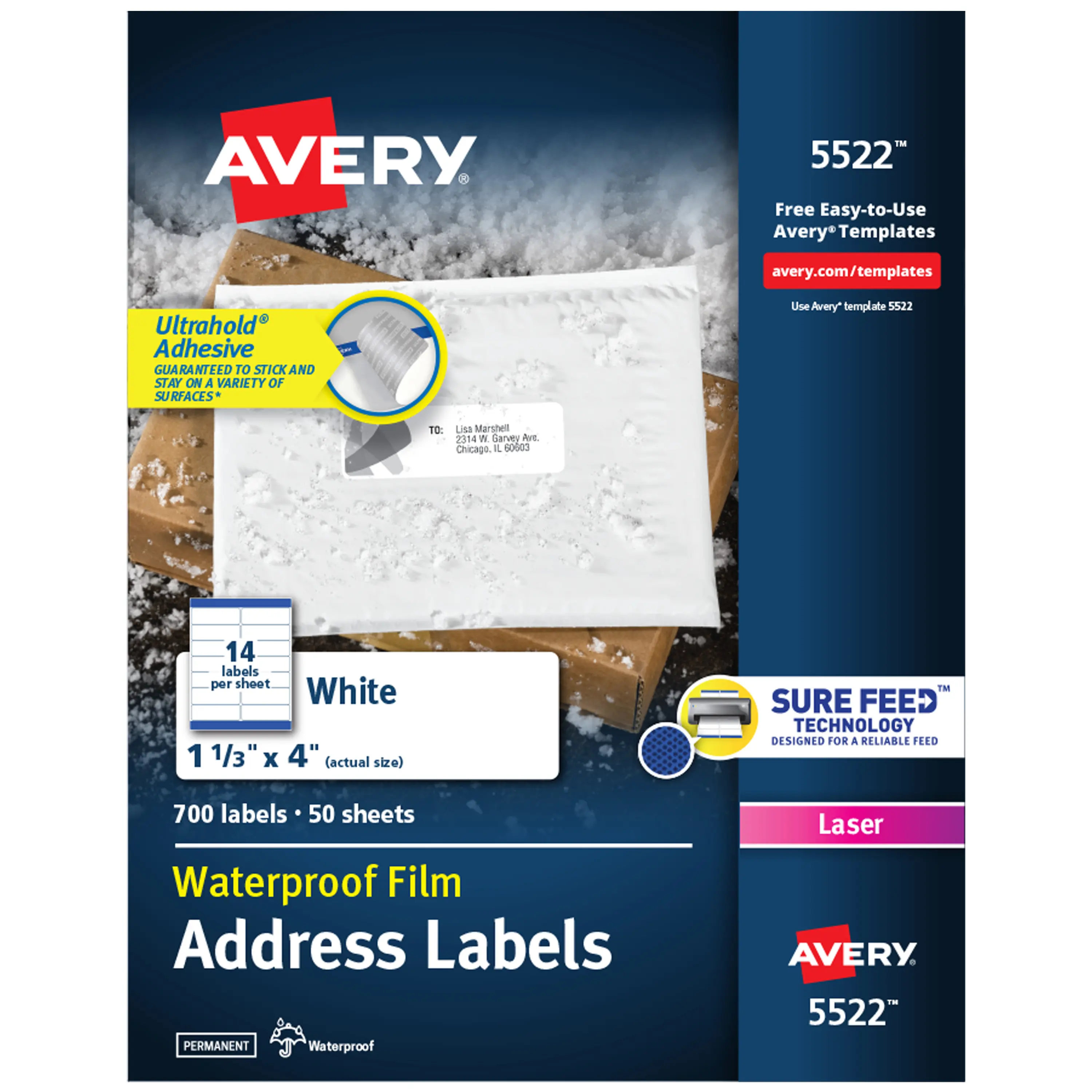 Avery Durable Waterproof Address Labels with Sure Feed Technology, 1-1/3" x 4", White, Laser Printer Compatible, 700 Blank Labels Total (5522)