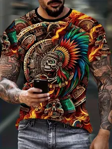 Vibrant Aztec Style Cultural Streetwear 3D Printed T-Shirt, Casual Breathable Fitted Men's Polyester Round Neck Tee, Perfect for Summer Hiking, Ethnic Culture