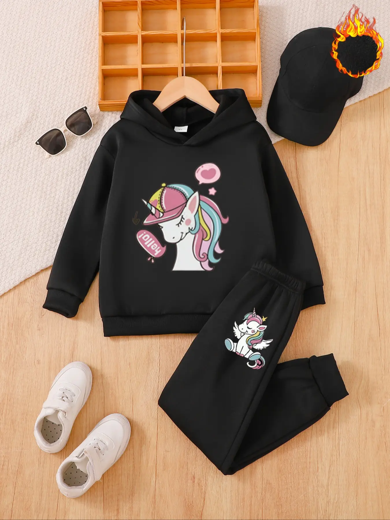 Girls' Fall & Winter Fleece Lined 2-Piece Set, Long Sleeve Hooded Sweatshirt, Unicorn Print, Casual Warm Clothes Kids