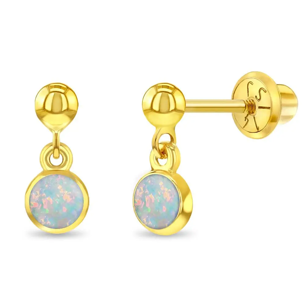 14k Gold Opal Dangle Kids / Children's / Girls Earrings Safety Screw Back