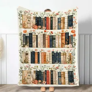 Vintage Bookshelf Library Throw Blanket Cozy Cottagecore Design All Season Soft Warmth Perfect For Home Bedroom Bed Sofa Picnic Use Durable Machine Washable Fabric Book Lover Essential For Reading Comfort