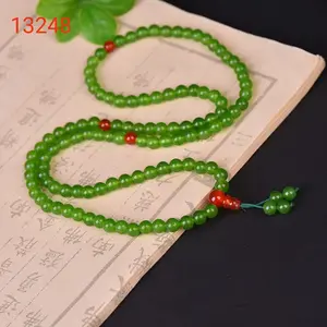 108 Beads Green Jade Mala Bracelet Tibetan Buddhist Prayer Rosary with Red Agate Spacers