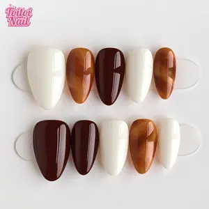 Caramel Amber Handmade Press-On Nails | Short Almond Shape, 10pcs | Warm Vintage Caramel Amber Design | Cream White & Caramel Amber Marble & Deep Burgundy Accents | Reusable DIY Nail Kit for Women | Trendy Nails for Spring, Summer, Dates & Daily Wear