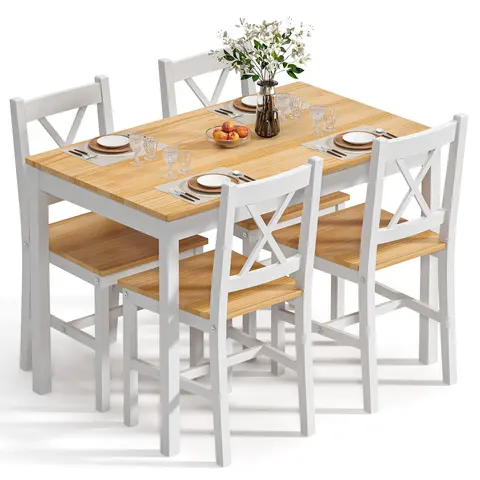 Soges 5-Piece Solid Wood Dining Table Set with 4 Chairs, Farmhouse Rectangular Kitchen Table Set for Small Space, Easy Assembly Desk for Kitchen, Dining Room, or Restaurant Apartment Furniture